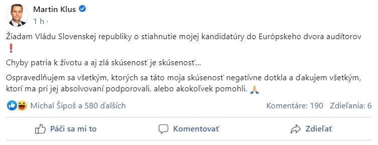 Chyby patria k životu, napísal na sociálnej sieti Klus.