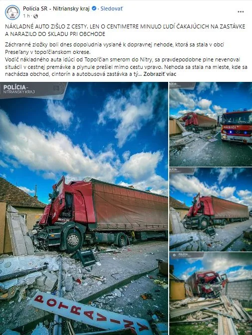 Krok od tragédia! Nákladiak tesne minul zastávku s ľuďmi.