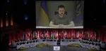 Lídri Rady Európy počúvajú videoprejav ukrajinského prezidenta Zelenského.