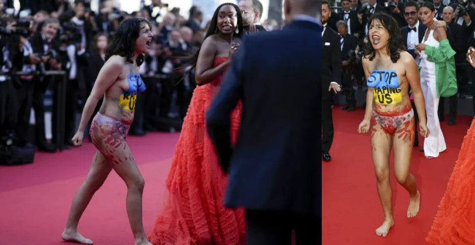 Read more about the article VIDEO Šokujúci moment v Cannes: Polonahá proukrajinská aktivistka vtrhla na červený koberec!