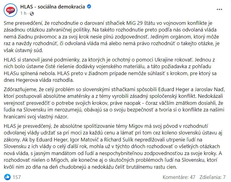 Status strany HLAS-SD nasSociálnej sieti 