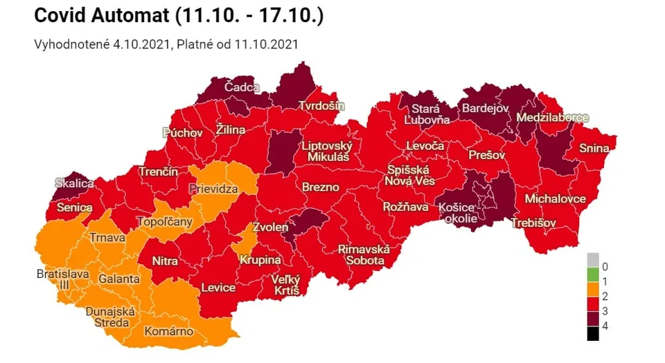 Read more about the article Mapa Slovenska sa nebezpečne zafarbuje. V bordovej farbe bude až 16 okresov!