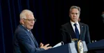 Josep Borrell (vľavo) a Antony Blinken počas tlačovej konferencie 7. februára 2022 vo Washingtone.