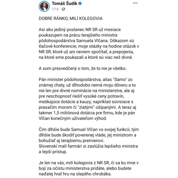 Tomáš Šudík už v stredu v podstate vyzýval na Vlčanov odchod. 