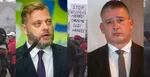 Na kombosnímke zľava Juraj Krúpa a Roman Mikulec, v pozadí protest proti prítomnosti migrantov v Kútoch.