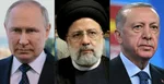Na kombosnímke zľava Vladimir Putin, Alí Chameneí a Recep Tayyip Erdogan.