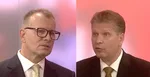 Na kombosnímke zľava Boris Kollár a Peter Bielik v televíznom štúdiu.