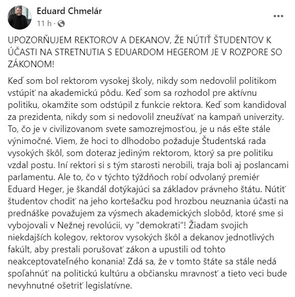 Status Eduarda CHmelára na sociálnej sieti.