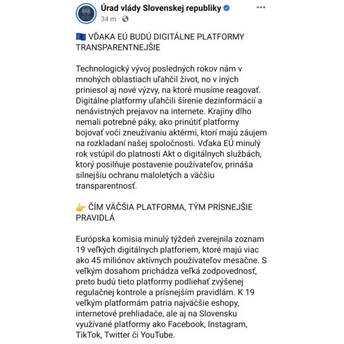 Demokrati chcú regulovať sociálne siete. Oficiálna fanúšikovská stránka Úradu vlády Slovenskej republiky sa na sociálnej sieti Facebook vytešuje, že už čoskoro bude možné lepšie regulovať sociálne siete. Foto: fb/uradvladysr