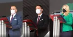 Zľava Eduard Heger, Boris Kollár a Zuzana Čaputová počas prejavu v Banskej Bystrici.