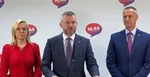 Zľava Denisa Saková, Peter Pellegrini a Richard Raši počas tlačovky Hlasu.