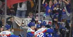 Slovenskí hokejisti sa tešia po góle kapitána Mareka Hrivíka na 2:1 v zápase základnej B-skupiny Slovensko - Lotyšsko na 86. majstrovstvách sveta v ľadovom hokeji v sobotu 13. mája 2023 v lotyšskej Rige.